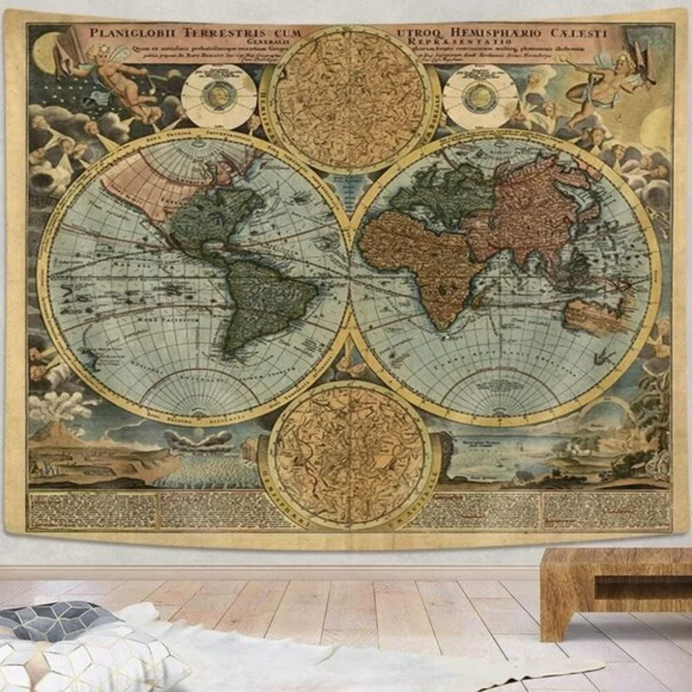 New Vintage World Map Tapestry, Retro Nautical Wall Art for Home & Room Decor